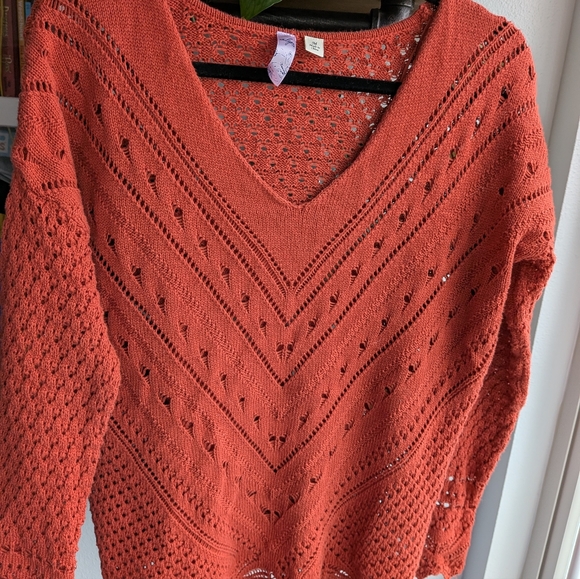 Alya Sweaters - Alya Rust Orange Pointelle Knit Sweater Medium V-Neck Chevron Crochet Boho